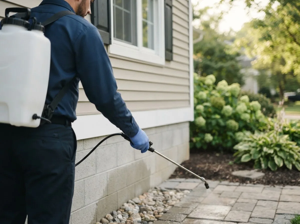Pest control technician inspecting a home in Red House, WV